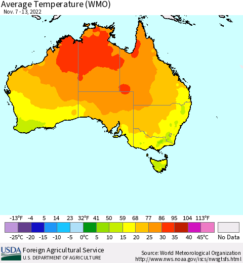 Australia Average Temperature (WMO) Thematic Map For 11/7/2022 - 11/13/2022
