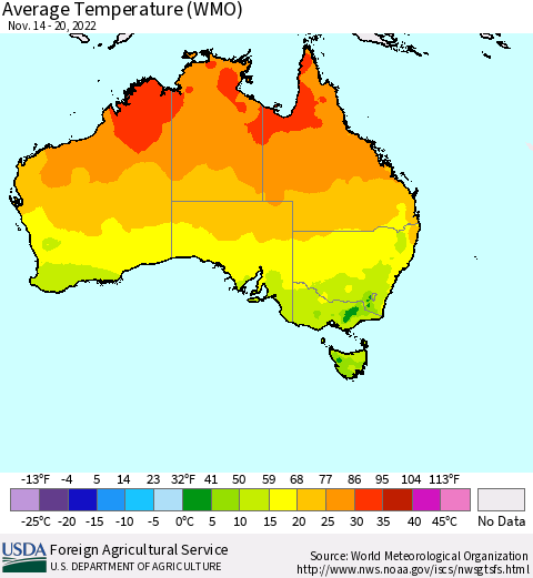 Australia Average Temperature (WMO) Thematic Map For 11/14/2022 - 11/20/2022