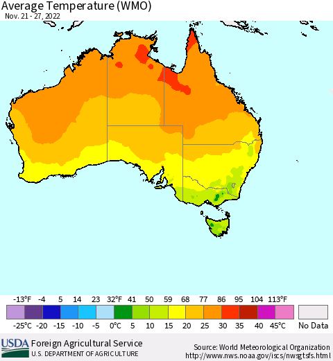 Australia Average Temperature (WMO) Thematic Map For 11/21/2022 - 11/27/2022