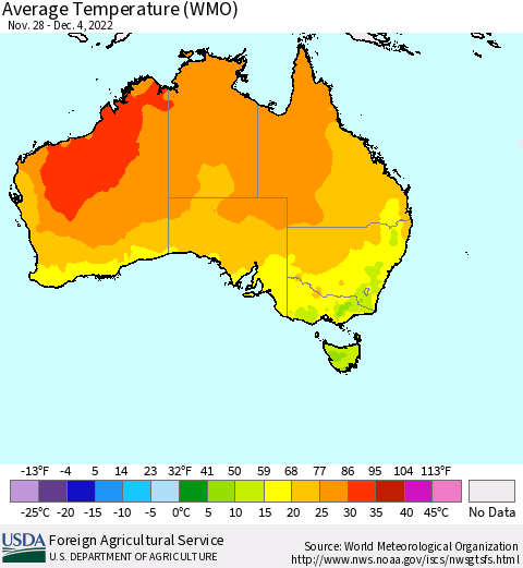 Australia Average Temperature (WMO) Thematic Map For 11/28/2022 - 12/4/2022