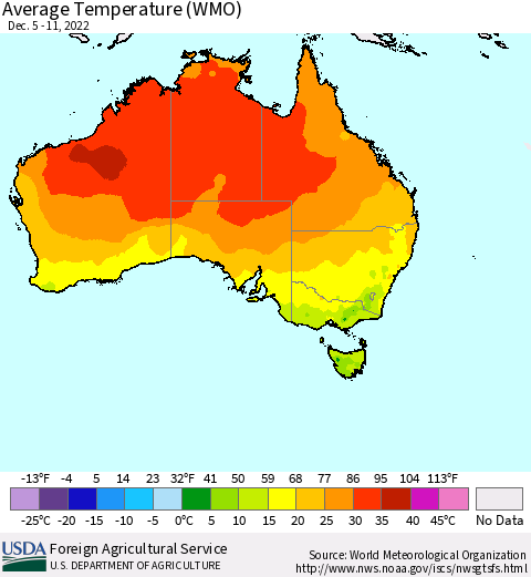 Australia Average Temperature (WMO) Thematic Map For 12/5/2022 - 12/11/2022