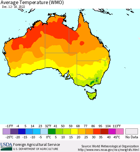 Australia Average Temperature (WMO) Thematic Map For 12/12/2022 - 12/18/2022