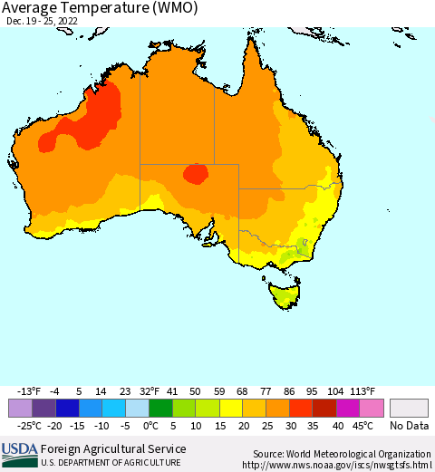 Australia Average Temperature (WMO) Thematic Map For 12/19/2022 - 12/25/2022