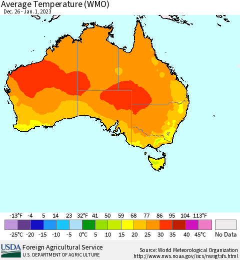 Australia Average Temperature (WMO) Thematic Map For 12/26/2022 - 1/1/2023