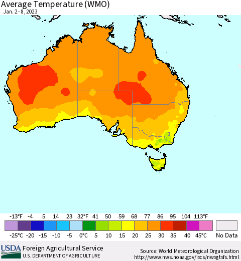 Australia Average Temperature (WMO) Thematic Map For 1/2/2023 - 1/8/2023