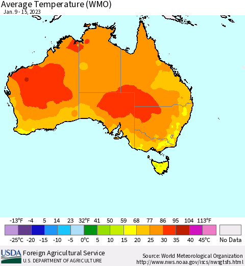 Australia Average Temperature (WMO) Thematic Map For 1/9/2023 - 1/15/2023
