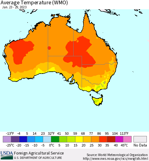 Australia Average Temperature (WMO) Thematic Map For 1/23/2023 - 1/29/2023