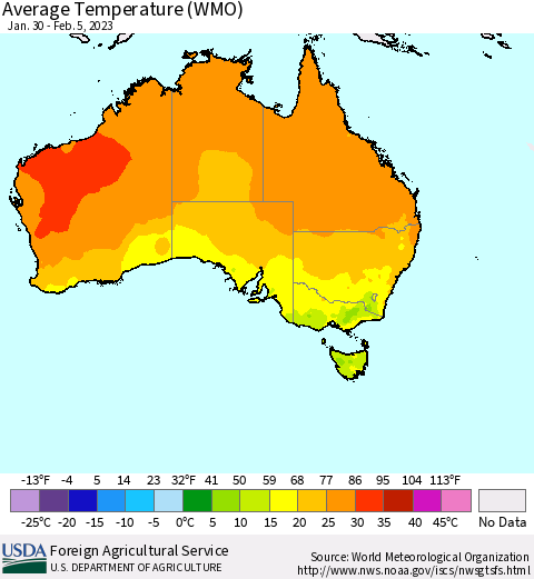 Australia Average Temperature (WMO) Thematic Map For 1/30/2023 - 2/5/2023