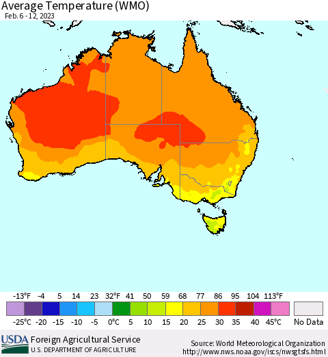 Australia Average Temperature (WMO) Thematic Map For 2/6/2023 - 2/12/2023