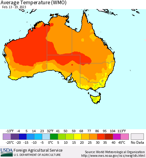 Australia Average Temperature (WMO) Thematic Map For 2/13/2023 - 2/19/2023