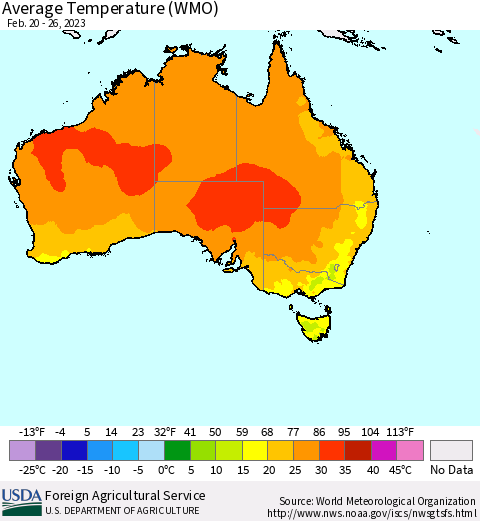 Australia Average Temperature (WMO) Thematic Map For 2/20/2023 - 2/26/2023