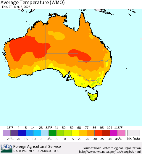 Australia Average Temperature (WMO) Thematic Map For 2/27/2023 - 3/5/2023