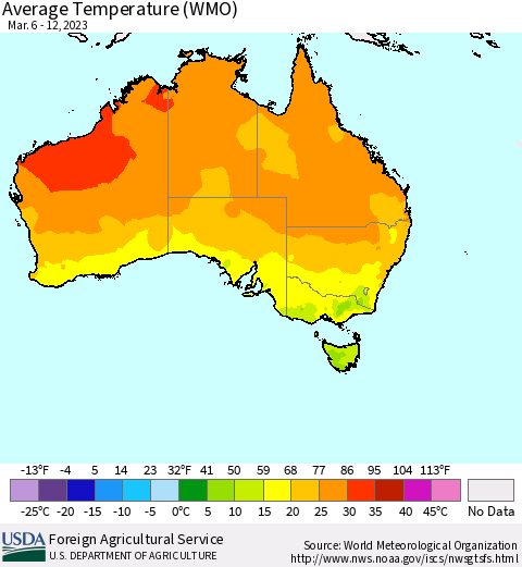 Australia Average Temperature (WMO) Thematic Map For 3/6/2023 - 3/12/2023