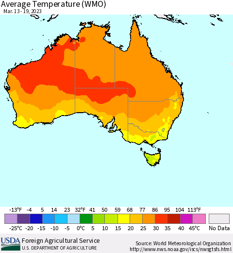 Australia Average Temperature (WMO) Thematic Map For 3/13/2023 - 3/19/2023