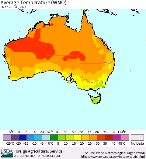 Australia Average Temperature (WMO) Thematic Map For 3/20/2023 - 3/26/2023