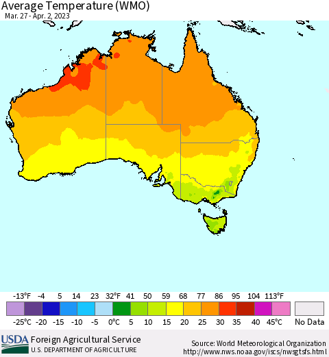 Australia Average Temperature (WMO) Thematic Map For 3/27/2023 - 4/2/2023