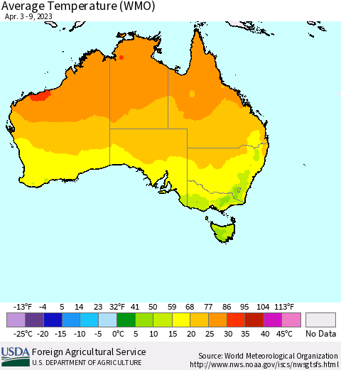 Australia Average Temperature (WMO) Thematic Map For 4/3/2023 - 4/9/2023