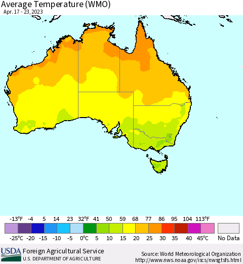 Australia Average Temperature (WMO) Thematic Map For 4/17/2023 - 4/23/2023