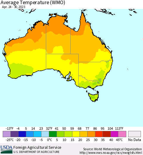 Australia Average Temperature (WMO) Thematic Map For 4/24/2023 - 4/30/2023