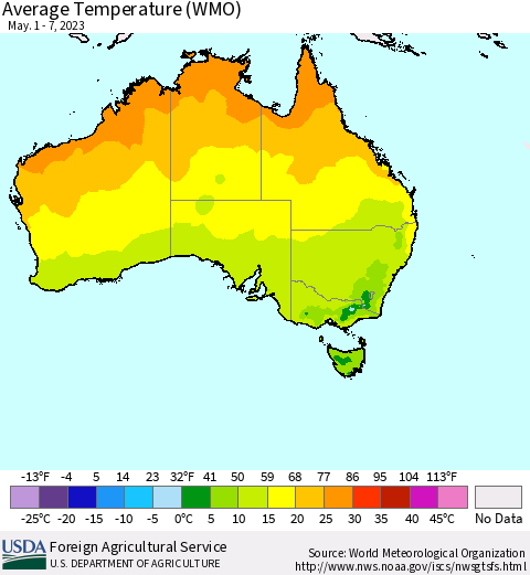 Australia Average Temperature (WMO) Thematic Map For 5/1/2023 - 5/7/2023