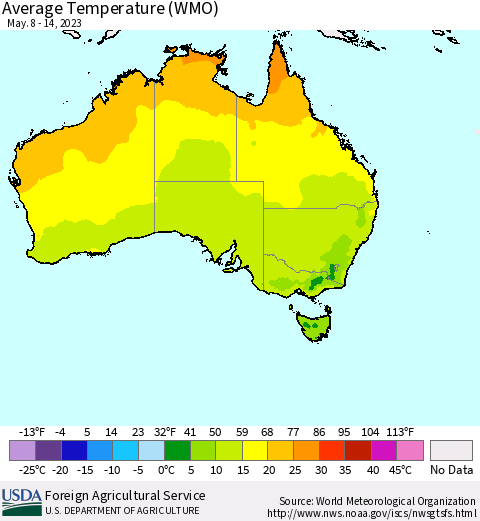 Australia Average Temperature (WMO) Thematic Map For 5/8/2023 - 5/14/2023