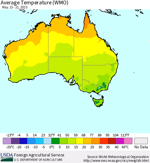 Australia Average Temperature (WMO) Thematic Map For 5/15/2023 - 5/21/2023