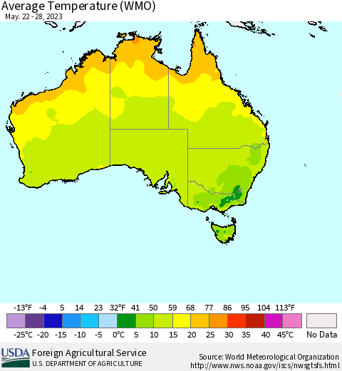 Australia Average Temperature (WMO) Thematic Map For 5/22/2023 - 5/28/2023