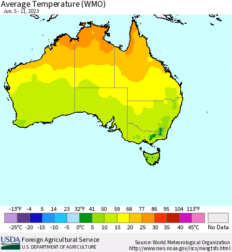 Australia Average Temperature (WMO) Thematic Map For 6/5/2023 - 6/11/2023