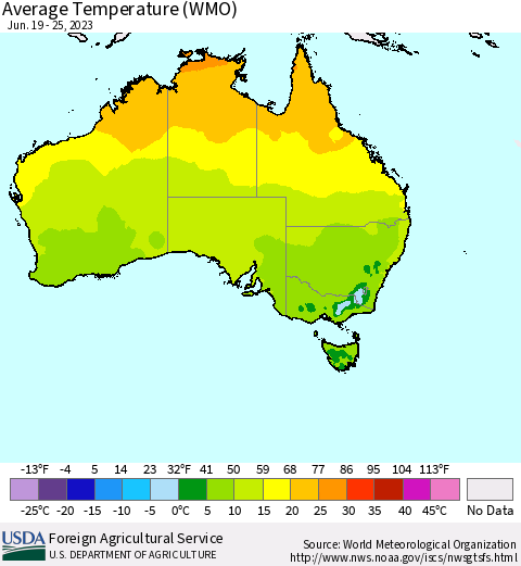 Australia Average Temperature (WMO) Thematic Map For 6/19/2023 - 6/25/2023