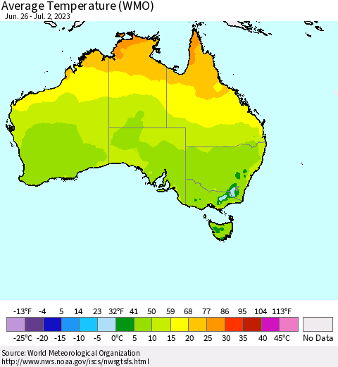 Australia Average Temperature (WMO) Thematic Map For 6/26/2023 - 7/2/2023