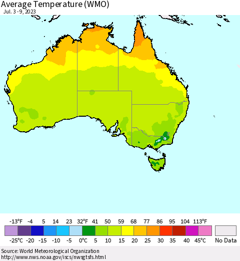 Australia Average Temperature (WMO) Thematic Map For 7/3/2023 - 7/9/2023