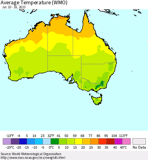 Australia Average Temperature (WMO) Thematic Map For 7/10/2023 - 7/16/2023
