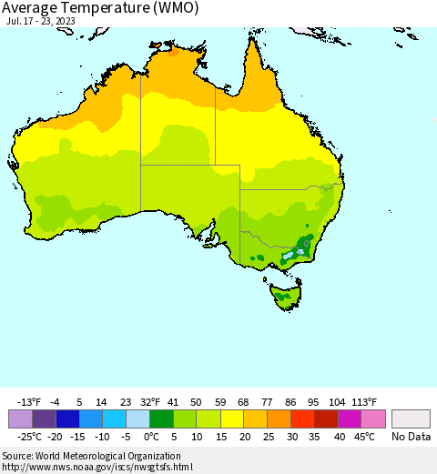 Australia Average Temperature (WMO) Thematic Map For 7/17/2023 - 7/23/2023