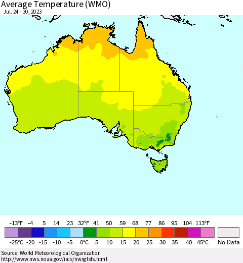 Australia Average Temperature (WMO) Thematic Map For 7/24/2023 - 7/30/2023