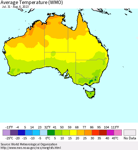 Australia Average Temperature (WMO) Thematic Map For 7/31/2023 - 8/6/2023