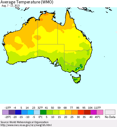 Australia Average Temperature (WMO) Thematic Map For 8/7/2023 - 8/13/2023