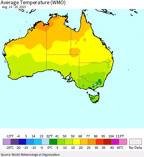 Australia Average Temperature (WMO) Thematic Map For 8/14/2023 - 8/20/2023
