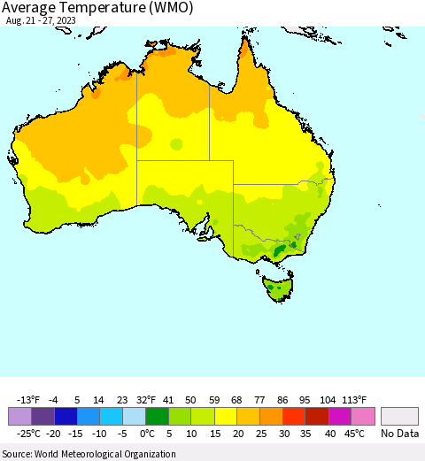 Australia Average Temperature (WMO) Thematic Map For 8/21/2023 - 8/27/2023