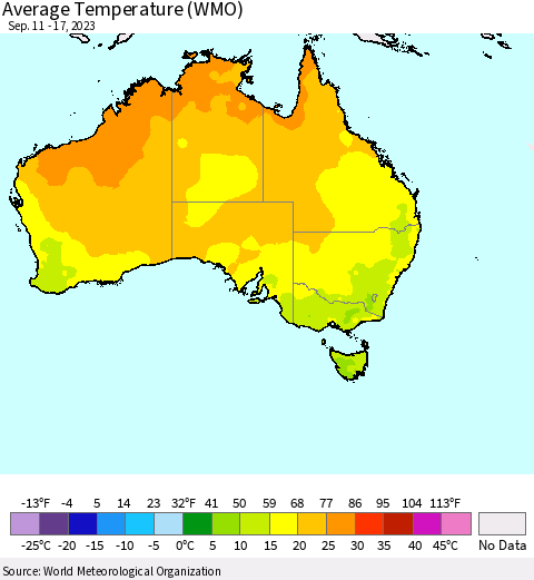 Australia Average Temperature (WMO) Thematic Map For 9/11/2023 - 9/17/2023