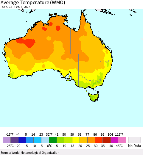 Australia Average Temperature (WMO) Thematic Map For 9/25/2023 - 10/1/2023