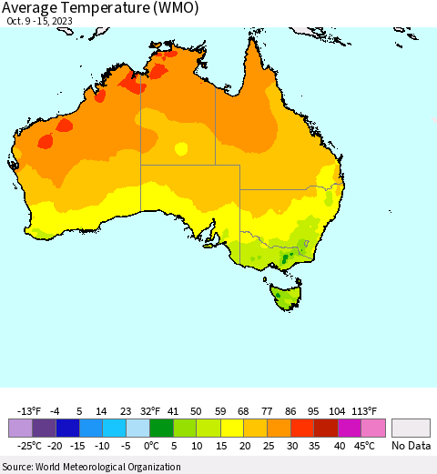 Australia Average Temperature (WMO) Thematic Map For 10/9/2023 - 10/15/2023