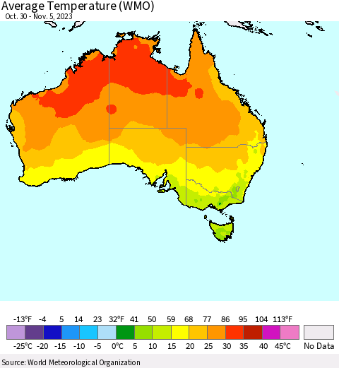 Australia Average Temperature (WMO) Thematic Map For 10/30/2023 - 11/5/2023