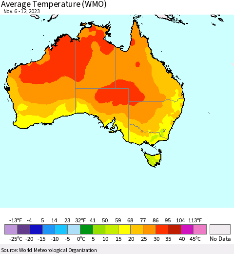 Australia Average Temperature (WMO) Thematic Map For 11/6/2023 - 11/12/2023