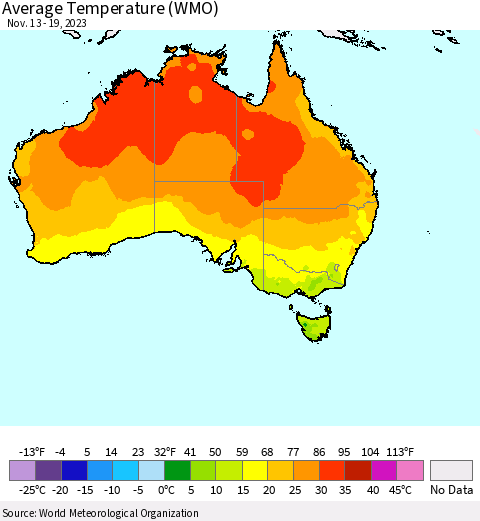 Australia Average Temperature (WMO) Thematic Map For 11/13/2023 - 11/19/2023