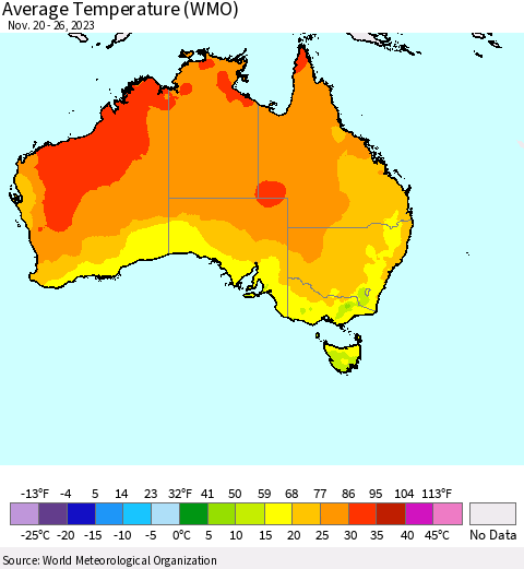 Australia Average Temperature (WMO) Thematic Map For 11/20/2023 - 11/26/2023