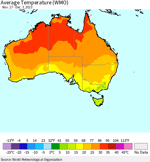 Australia Average Temperature (WMO) Thematic Map For 11/27/2023 - 12/3/2023