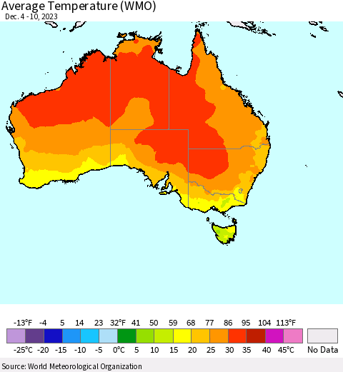 Australia Average Temperature (WMO) Thematic Map For 12/4/2023 - 12/10/2023
