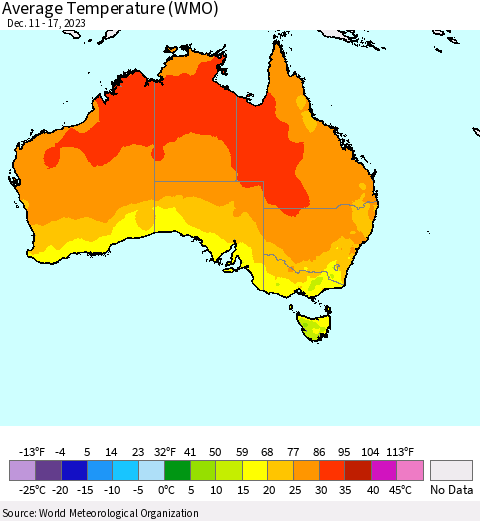 Australia Average Temperature (WMO) Thematic Map For 12/11/2023 - 12/17/2023