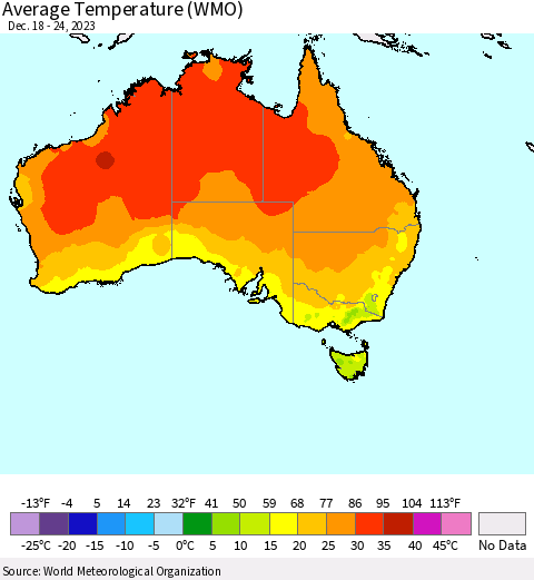 Australia Average Temperature (WMO) Thematic Map For 12/18/2023 - 12/24/2023
