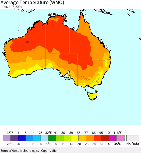 Australia Average Temperature (WMO) Thematic Map For 1/1/2024 - 1/7/2024
